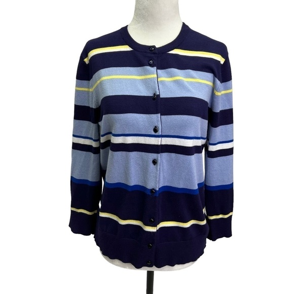 Cable & Gauge💙Blue Stripe Button Front Crew Neck Cardigan Sweater Size L - Picture 4 of 10